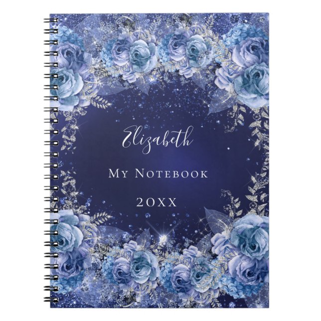 Blue floral glitter name glamourous  notebook (Front)
