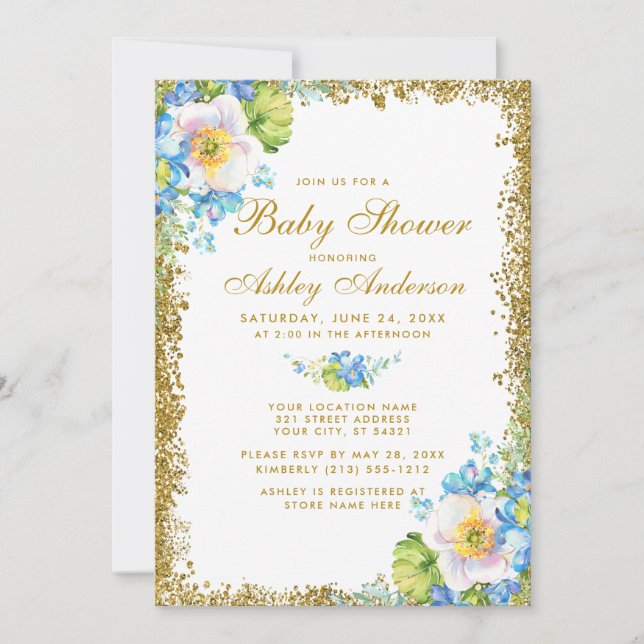 Blue Floral Gold Baby Shower Glitter Invitation (Front)
