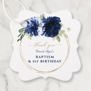 Blue Floral Gold Boy 1st Birthday Baptism Favour Tags