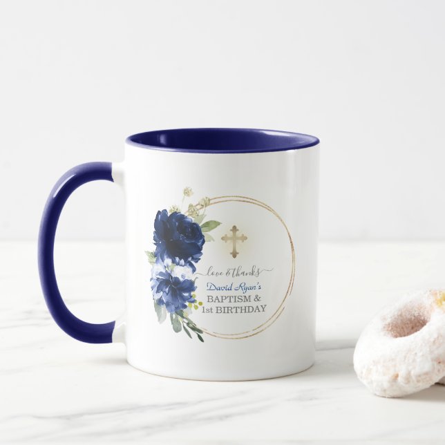Blue Floral Gold Boy 1st Birthday Baptism Mug (With Donut)