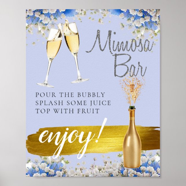 Blue Floral Gold Bridal Brunch Mimosa Bar Sign (Front)