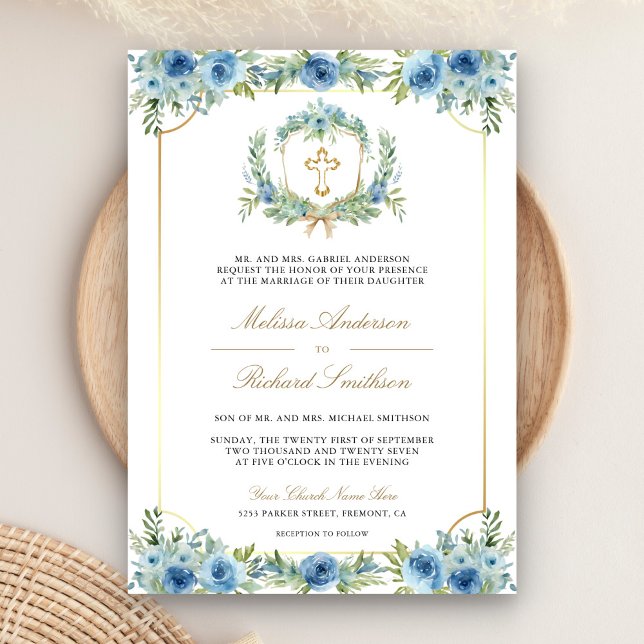 Blue Floral Gold Catholic Cross QR Code Wedding Invitation (Creator Uploaded)