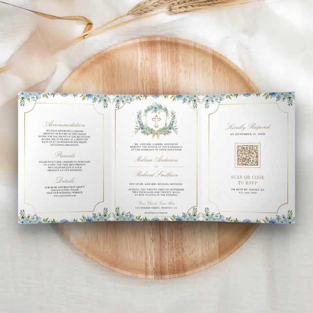 Blue Floral Gold Catholic Cross QR Code Wedding Tri-Fold Invitation (Creator Uploaded)