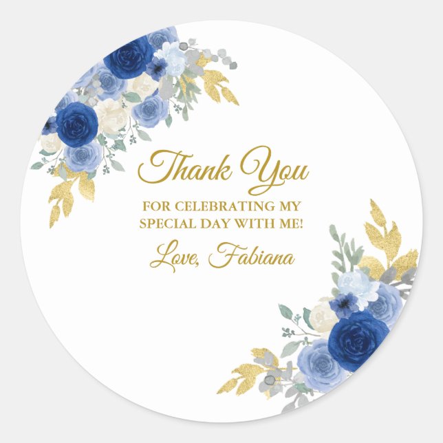 Blue Floral & Gold Classic Round Sticker (Front)