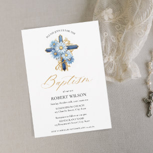 Blue Floral Gold Cross Boy Christening Baptism Invitation