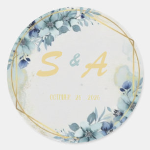 Blue Floral Gold Elegant Wedding Favor Classic Round Sticker