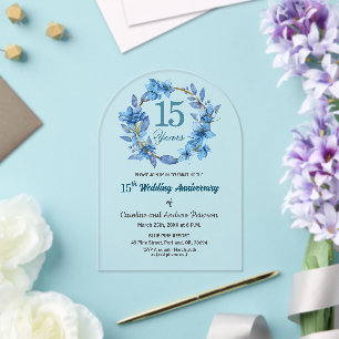  Blue Floral Gold Frame 15th Wedding Anniversary  Acrylic Invitations