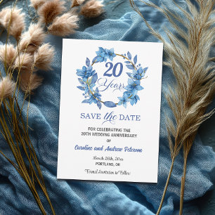 Blue Floral Gold Frame 20th Wedding Anniversary Save The Date