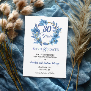 Blue Floral Gold Frame 30th Wedding Anniversary Save The Date