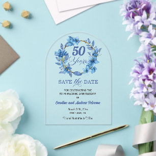 Blue Floral Gold Frame 50th Wedding Anniversary Acrylic Invitations