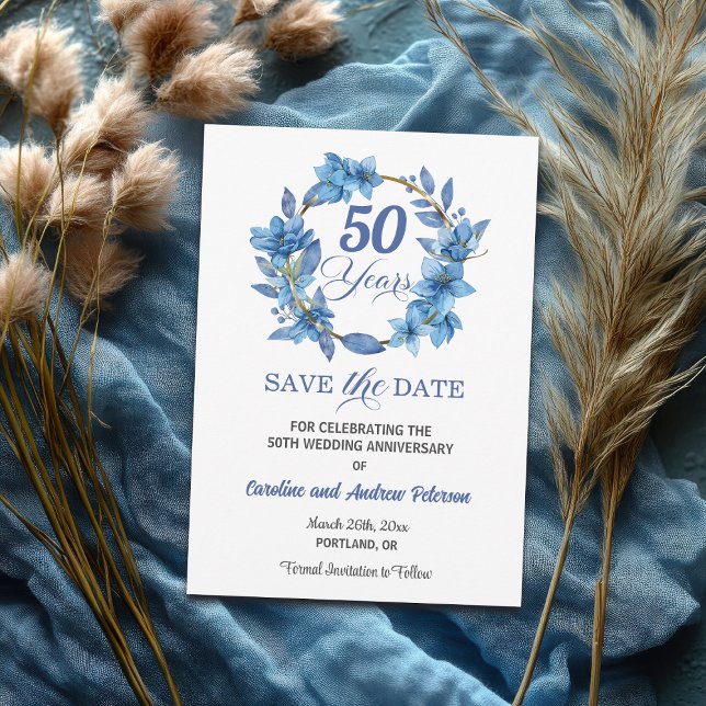 Blue Floral Gold Frame 50th Wedding Anniversary Save The Date (Creator Uploaded)
