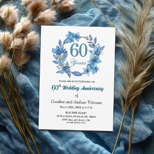 Blue Floral Gold Frame 60th Wedding Anniversary Invitation