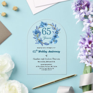  Blue Floral Gold Frame 65th Wedding Anniversary  Acrylic Invitations