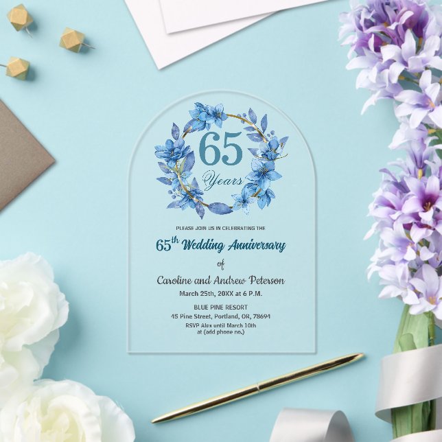  Blue Floral Gold Frame 65th Wedding Anniversary  Acrylic Invitations (Insitu (Wedding))
