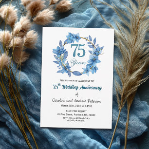  Blue Floral Gold Frame 75th Wedding Anniversary  Invitation