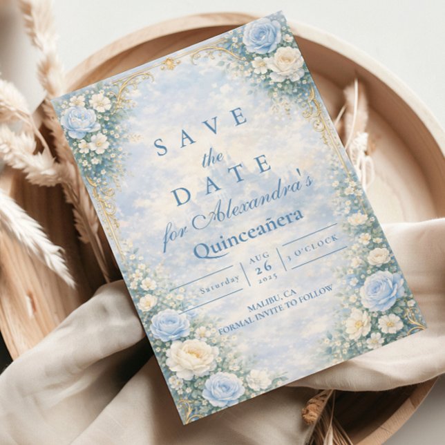Blue Floral Gold Garden Quinceañera Save The Date (Creator Uploaded)