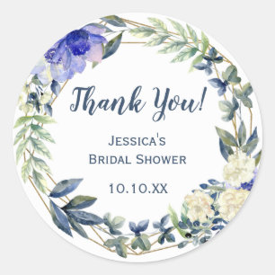 Blue Floral Gold Geometric Thank You Classic Round Sticker