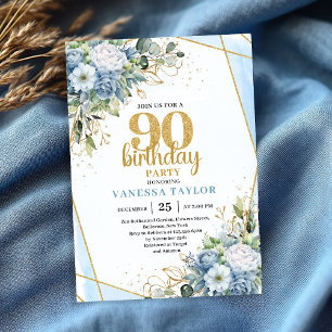 Blue Floral Gold Glitter 90th Birthday Celebration Invitation