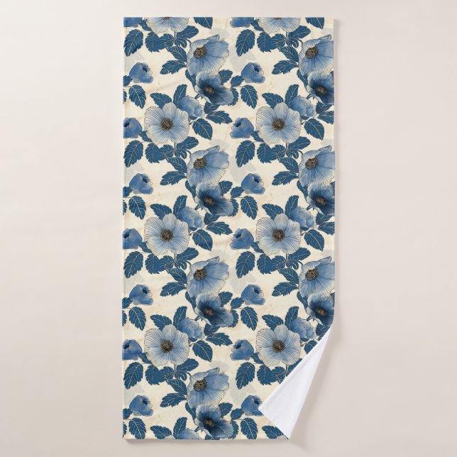 Blue Floral Gold Glitter Japanese Ukiyo-e Bath Towel (Bath Towel)