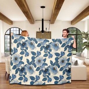 Blue Floral Gold Glitter Japanese Ukiyo-e Fleece Blanket