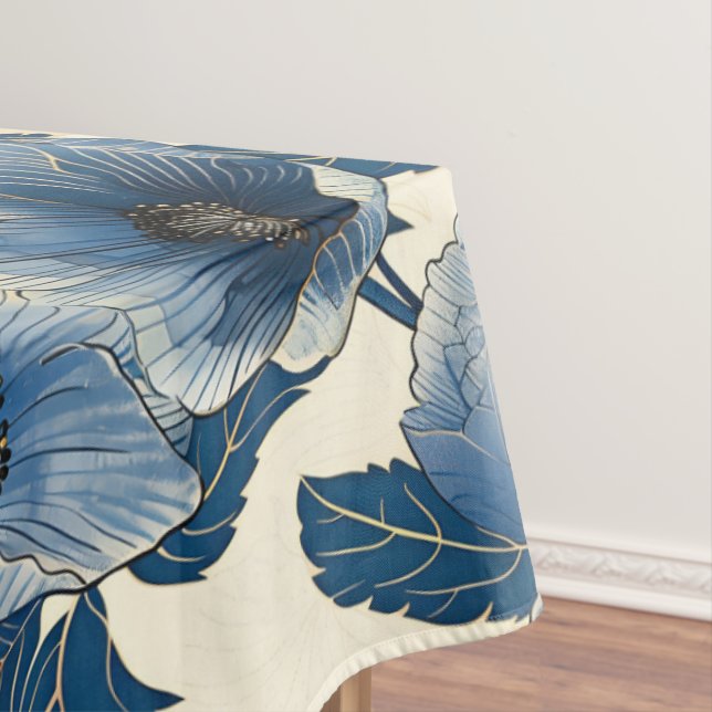 Blue Floral Gold Glitter Japanese Ukiyo-e Tablecloth (In Situ)