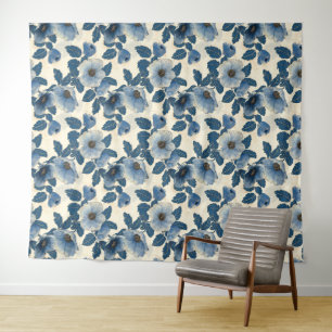 Blue Floral Gold Glitter Japanese Ukiyo-e Tapestry