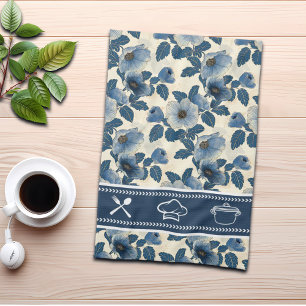 Blue Floral Gold Glitter Japanese Ukiyo-e Tea Towel