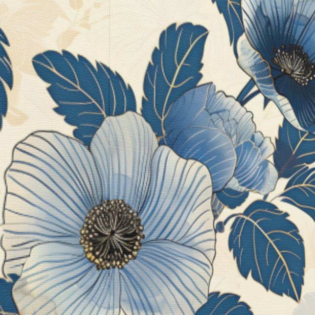 Blue Floral Gold Glitter Japanese Ukiyo-e Wallpaper (Seam)