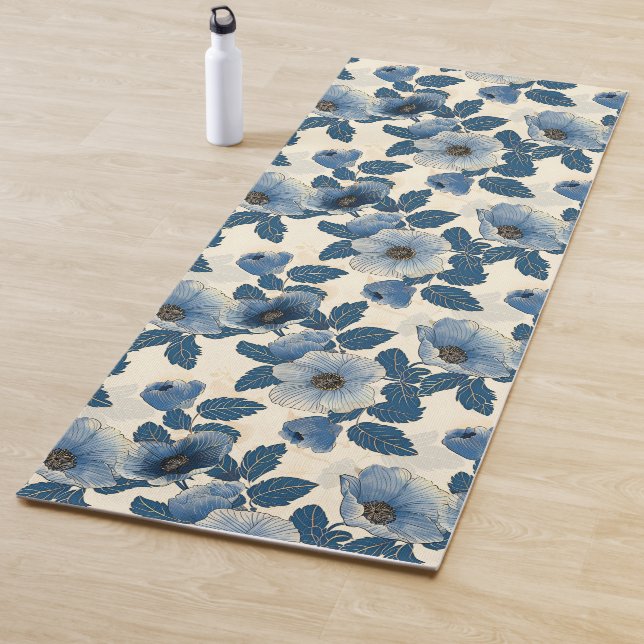 Blue Floral Gold Glitter Japanese Ukiyo-e Yoga Mat (In Situ)