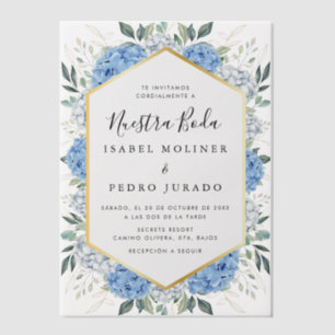 Blue Floral Gold Leaves Nuestra Boda Wedding Vellum Invitations