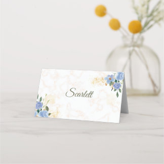 Blue Floral Gold Marble Folded Place Card