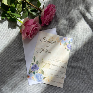 Blue Floral Gold Marble Wedding Invitation