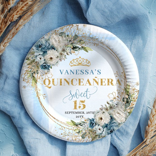 Blue Floral Gold Personalized Quinceañera Plates (Blue Floral Gold Personalized Quinceañera Plates)