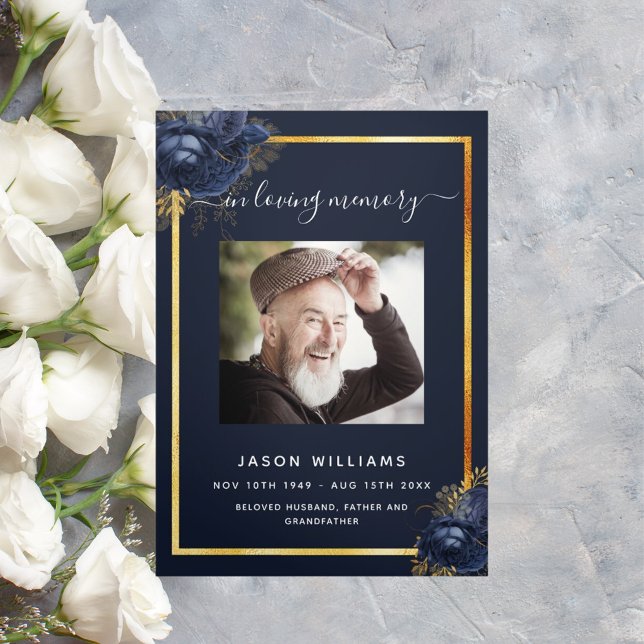 Blue floral gold photo tri-fold funeral program announcement (Creator Uploaded)