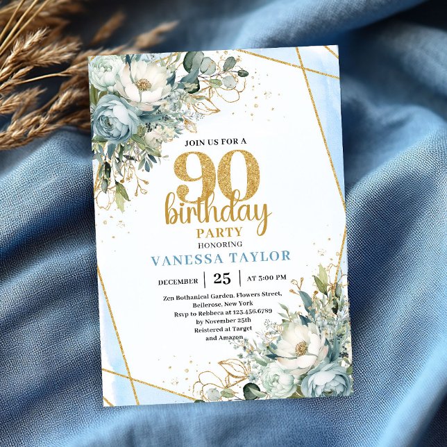 Blue Floral Gold Shine 90th Birthday Invite Card (Blue Floral Gold Shine 90th Birthday Invite Card)