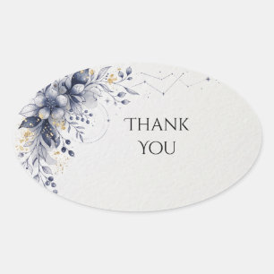 Blue Floral Gold Star Wedding Thank You Oval Sticker