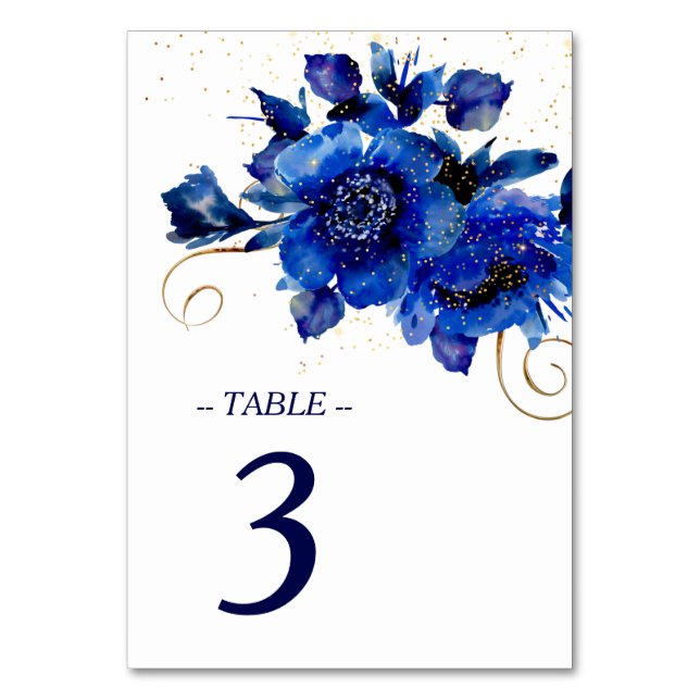 Blue Floral Gold Swirl Wedding Table Number (Front)