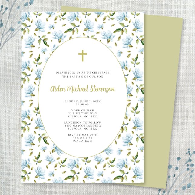 Blue Floral Grandmillenial baptism invitation (Creator Uploaded)