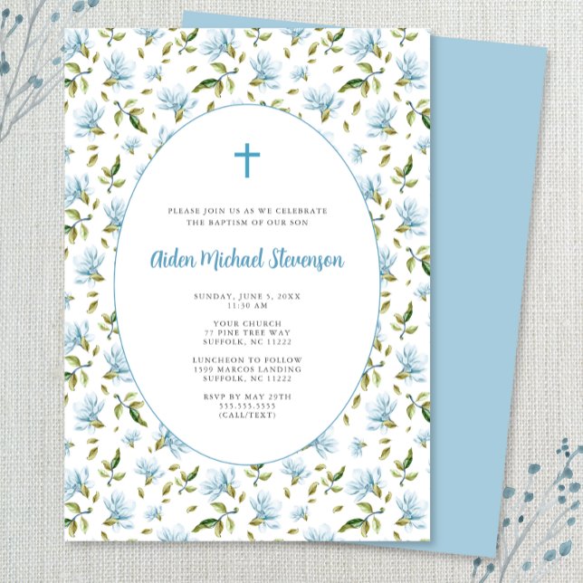 Blue Floral Grandmillenial baptism invitation (Creator Uploaded)