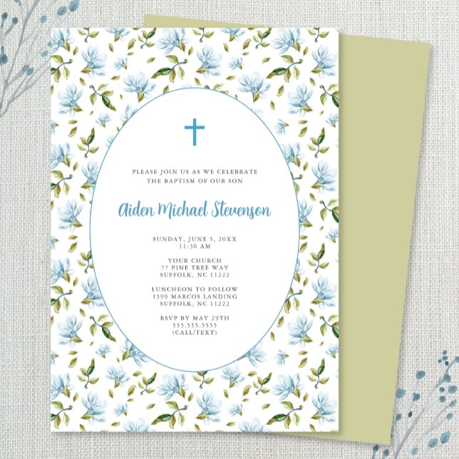 Blue Floral Grandmillenial baptism invitation (Creator Uploaded)