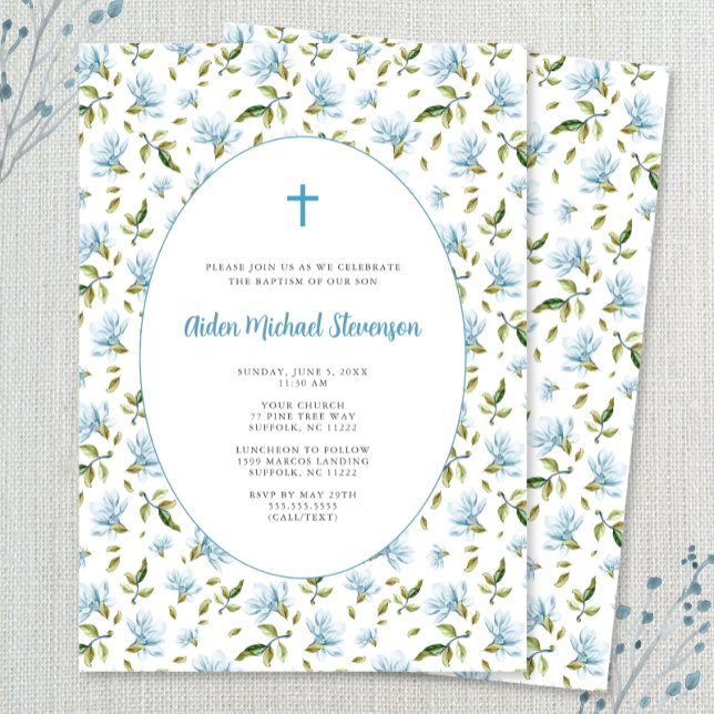 Blue Floral Grandmillenial baptism invitation (Creator Uploaded)