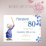 Blue Floral Grandmother with Cane 80th Birthday Magnetic Invitation<br><div class="desc">Cute floral invitation for your dear mother or grandmother’s birthday party. Designed in beautiful blue colors, the illustrations combine some watercolor flowers with the old lady holding a cane. She is dressed in a blue jacket, blue skirt and brown sleepers. Her gray hair is tight in a bun and he...</div>