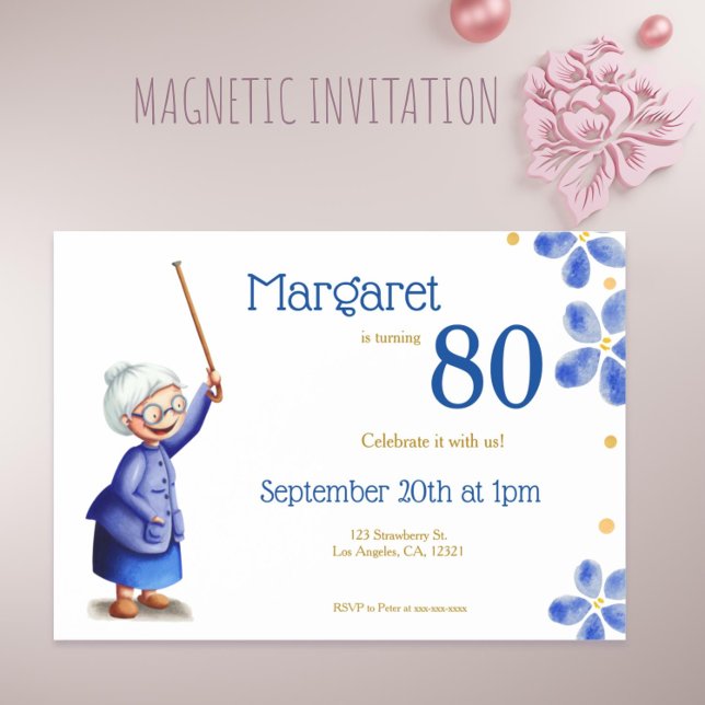 Blue Floral Grandmother with Cane 80th Birthday Magnetic Invitation (Blue Floral Grandmother with Cane 80th Birthday Magnetic Invitation )