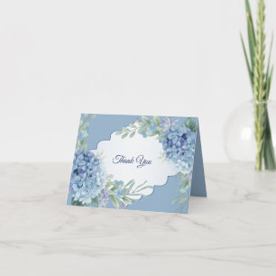Blue Floral Green Leaves Frame Elegant Wedding Thank You Card