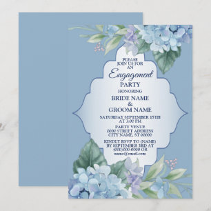Blue Floral Green Leaves Frame Engagement Party Invitation