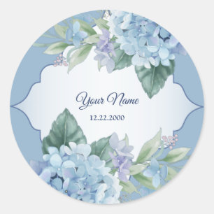 Blue Floral Green Leaves Frame Wedding Party Classic Round Sticker