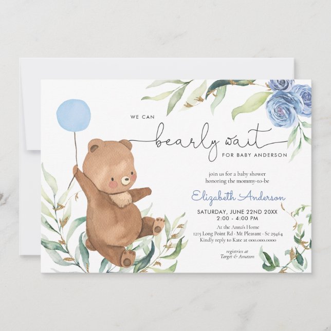 Blue Floral Greenery Bear Balloon Boy Baby Shower Invitation (Front)