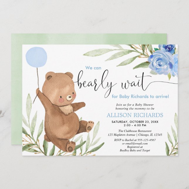 Blue floral greenery bear balloon boy baby shower invitation (Front/Back)