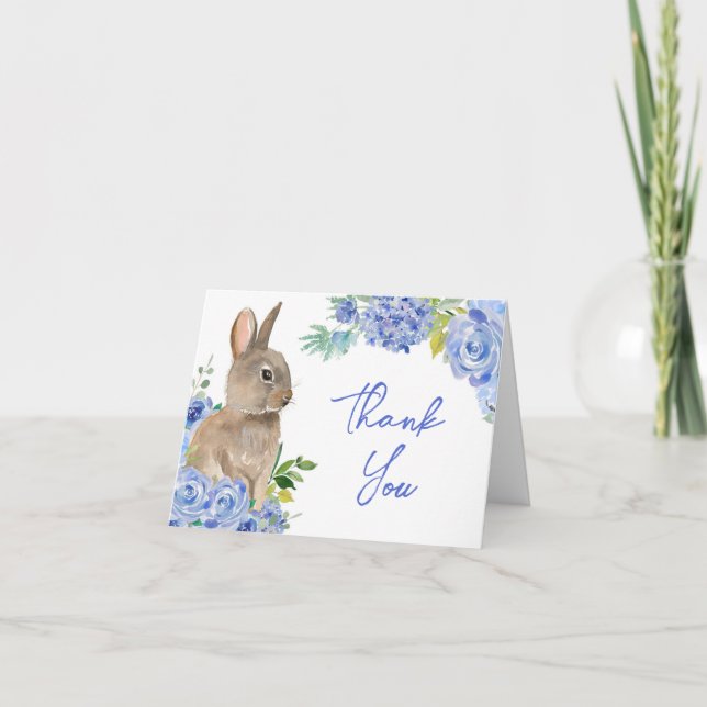 Blue floral greenery Easter bunny thank you card (Front)
