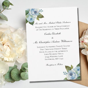 Blue Floral Greenery Elegant Formal Wedding Invitation